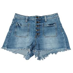 Harper Heritage Mid-Rise Raw Hem Button Fly Denim Shorts